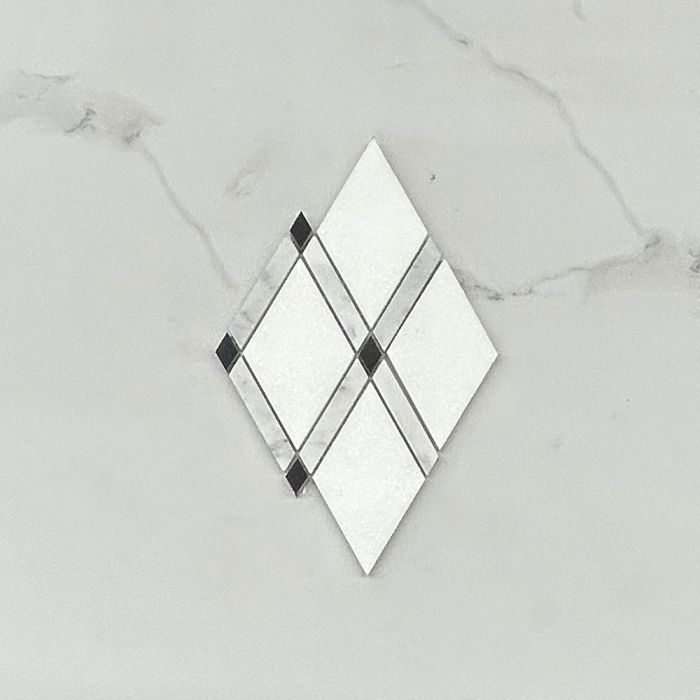 (Sample) Thassos White Marble Diamond Lattice Mosaic Tile w/ Carrara White Nero Marquina Black Honed