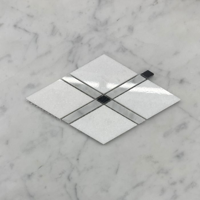 (Sample) Thassos White Marble Diamond Lattice Mosaic Tile w/ Carrara White Nero Marquina Black Polished