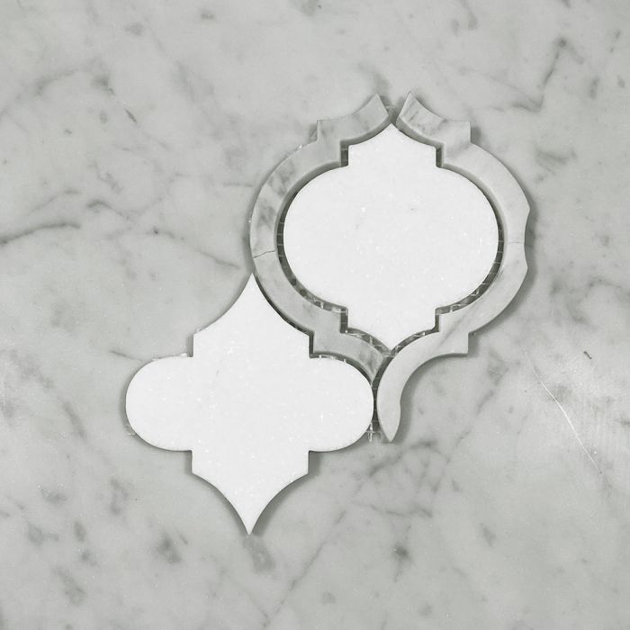 (Sample) Thassos White Marble Waterjet Arabesque Baroque Grand Lantern Mosaic Tile w/ Carrara White Outline Honed