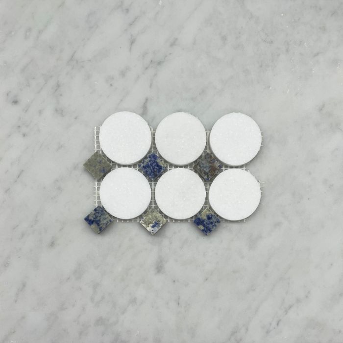 (Sample) Thassos White Marble 2 inch Round Mosaic Tile w/ Azul Macaubas Blue Square Dots Honed