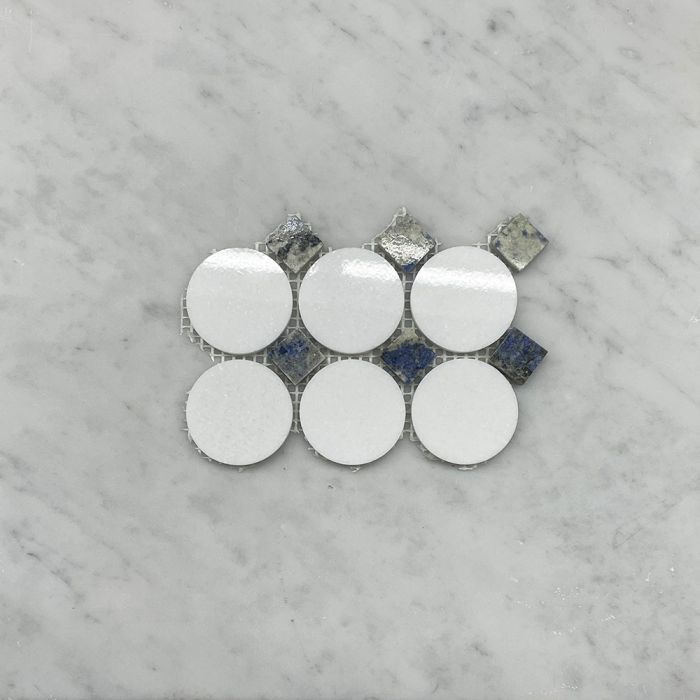 (Sample) Thassos White Marble 2 inch Round Mosaic Tile w/ Azul Macaubas Blue Square Dots Polished