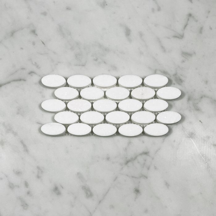 (Sample) Thassos White Marble 1-1/4x5/8 Oval Ellipse Mosaic Tile Honed