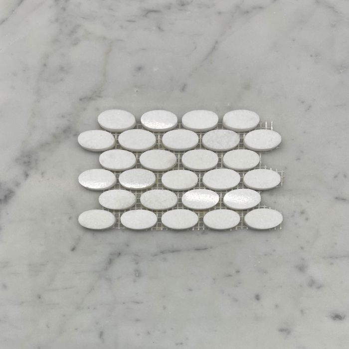 (Sample) Thassos White Marble 1-1/4x5/8 Oval Ellipse Mosaic Tile Polished