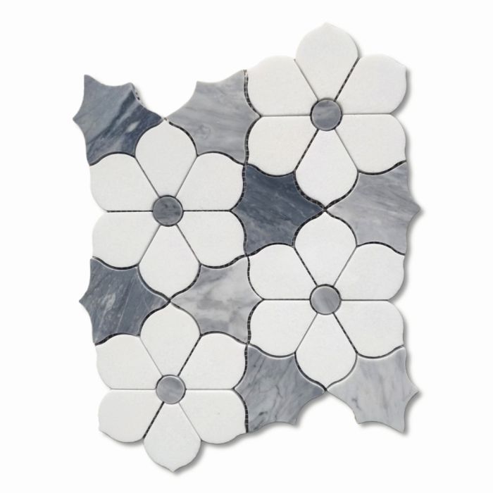 Thassos White Marble Magnolia Flower Mosaic Tile w/ Bardiglio Gray Honed