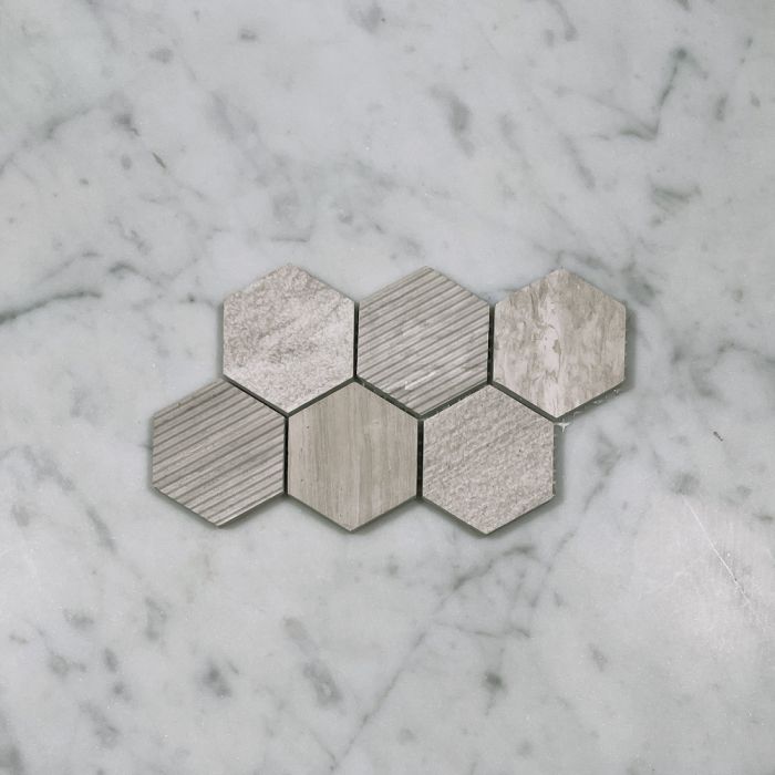(Sample) Athens Silver Cream Marble 2 inch Hexagon Mosaic Tile Honed Bush-hammered Gooved Multi Finish