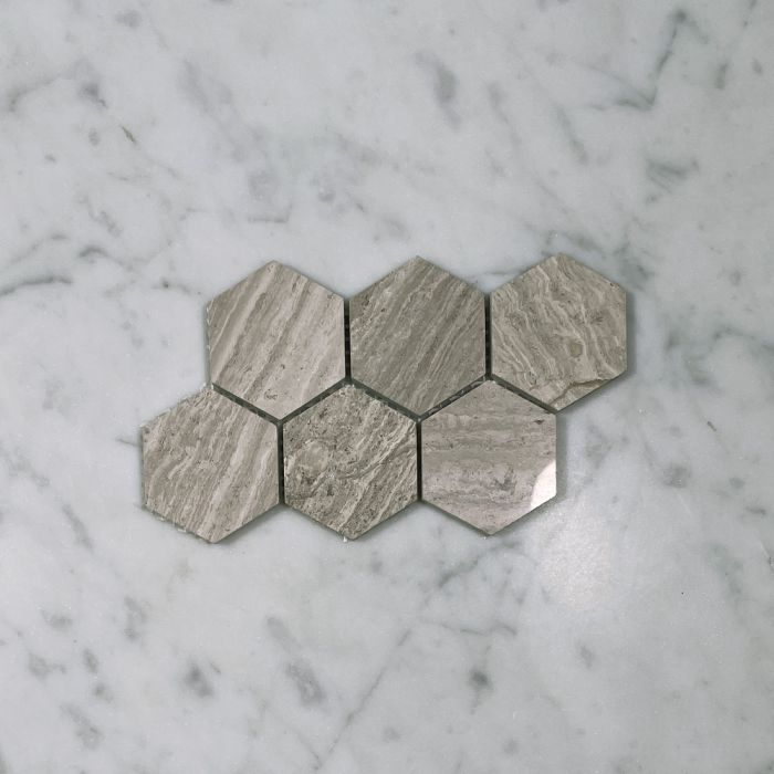 (Sample) Athens Silver Cream Marble 2 inch Hexagon Mosaic Tile Polished