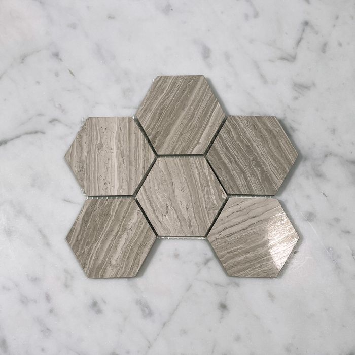 (Sample) Athens Silver Cream Marble 3 inch Hexagon Mosaic Tile Polished