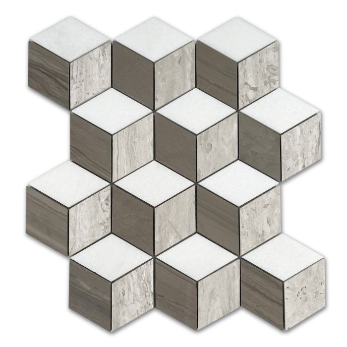 Athens Silver Cream Marble 2x3 Illusion 3D Cube Rhombus Diamond Hexagon Mosaic Tile Thassos White Athens Gray Honed