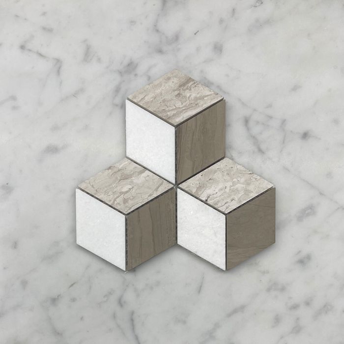 (Sample) Athens Silver Cream Marble 2x3 Illusion 3D Cube Rhombus Diamond Hexagon Mosaic Tile Thassos White Athens Gray Honed