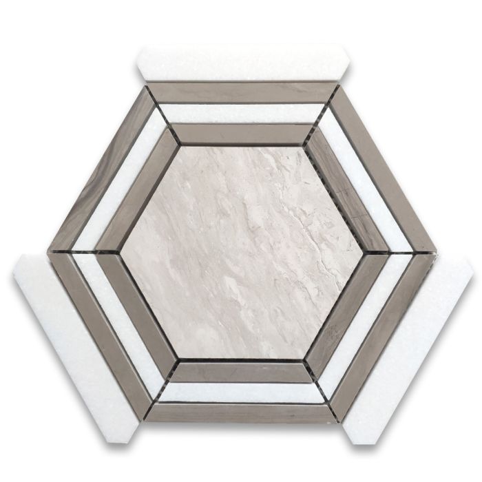 Athens Silver Cream Marble 5 inch Hexagon Georama Geometric Mosaic Tile w/ Athens Gray Thassos White Strips Honed
