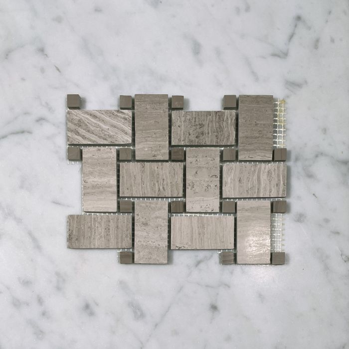 (Sample) Athens Silver Cream Marble 1x2 Basketweave Mosaic Tile w/ Athens Gray Dots Polished