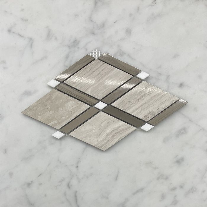 (Sample) Athens Silver Cream Marble Diamond Lattice Mosaic Tile w/ Thassos White Athens Gray Polished