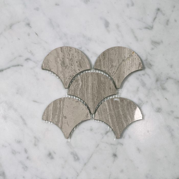(Sample) Athens Silver Cream Marble Grand Fish Scale Fan Shape Mosaic Tile Polished