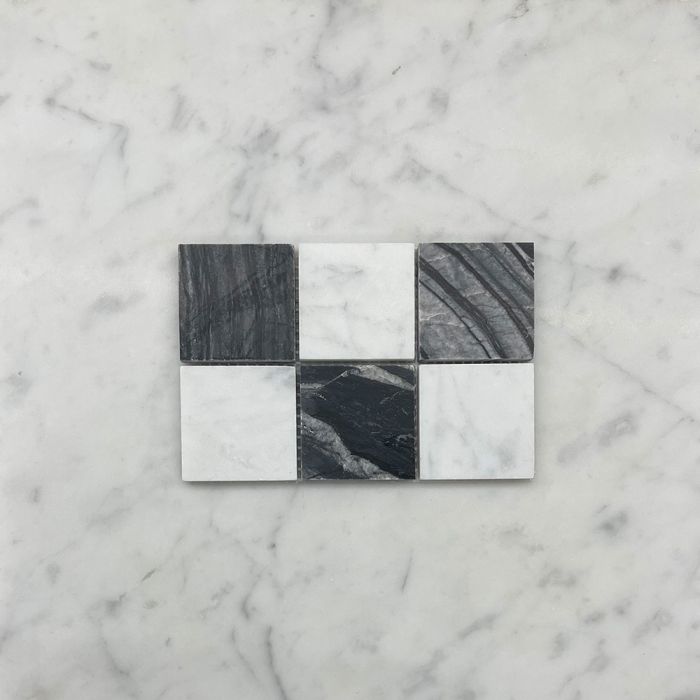 (Sample) Silver Wave Black Forest Carrara White Marble 2x2 Checkerboard Mosaic Tile Honed