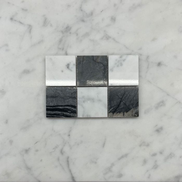(Sample) Silver Wave Black Forest Carrara White Marble 2x2 Checkerboard Mosaic Tile Polished