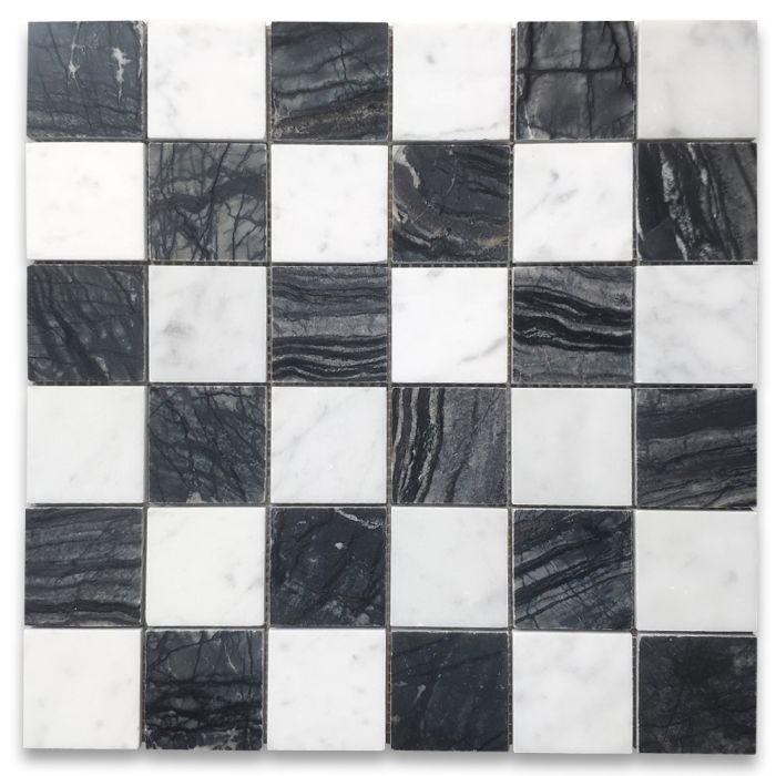 Silver Wave Black Forest Carrara White Marble 2x2 Checkerboard Mosaic Tile Polished