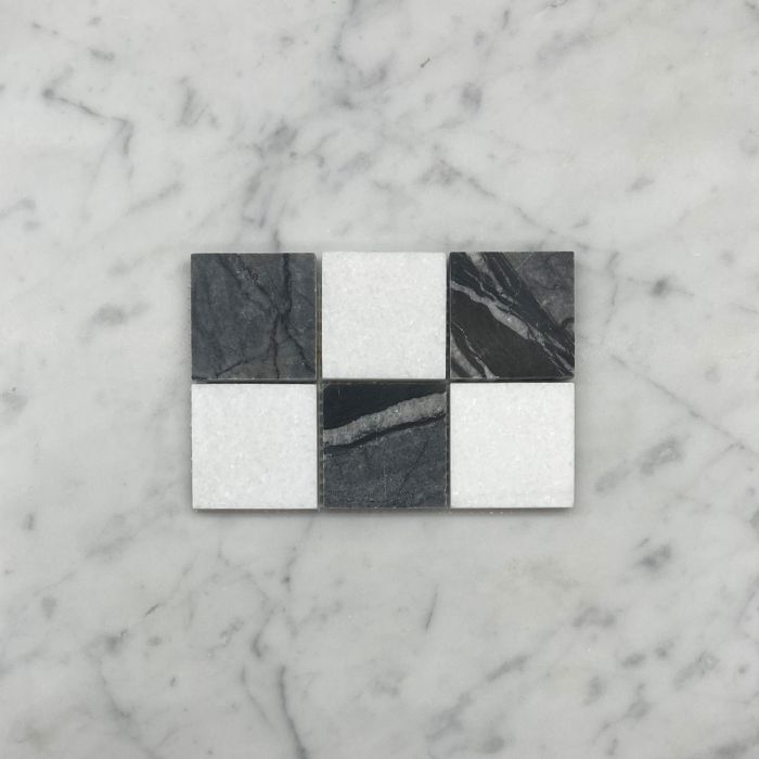 (Sample) Silver Wave Black Forest Thassos White Marble 2x2 Checkerboard Mosaic Tile Honed