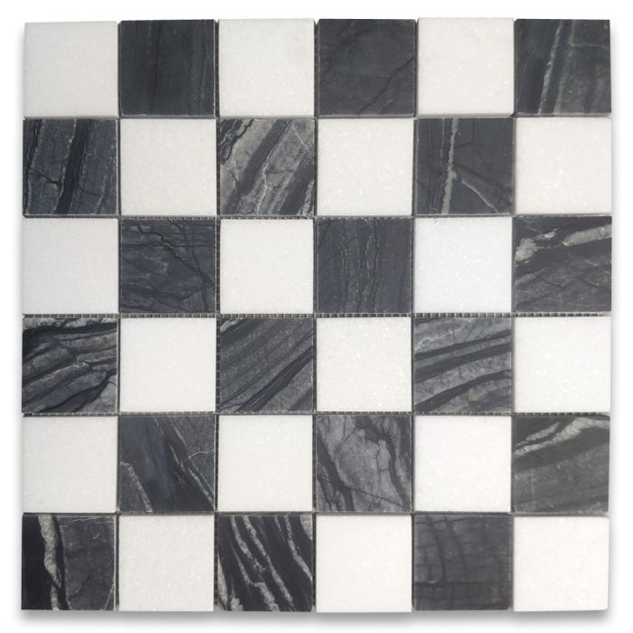 Silver Wave Black Forest Thassos White Marble 2x2 Checkerboard Mosaic Tile Honed