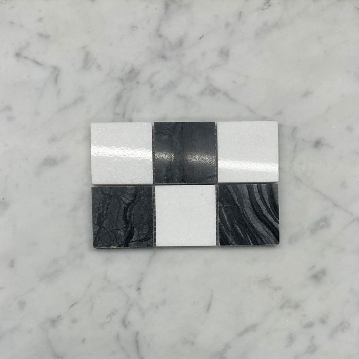 (Sample) Silver Wave Black Forest Thassos White Marble 2x2 Checkerboard Mosaic Tile Polished