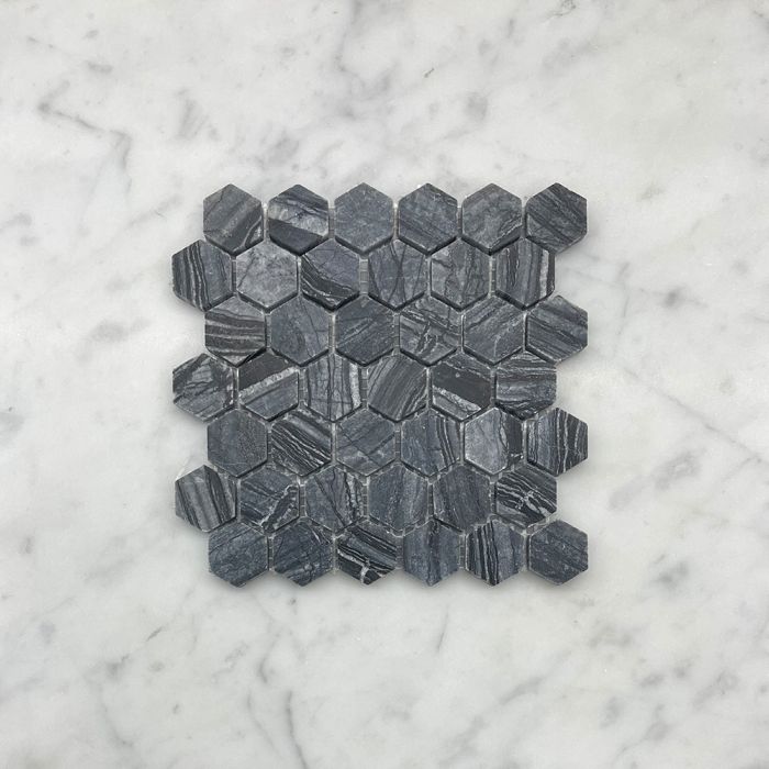 (Sample) Silver Wave Black Forest Marble 1 inch Hexagon Mosaic Tile Honed