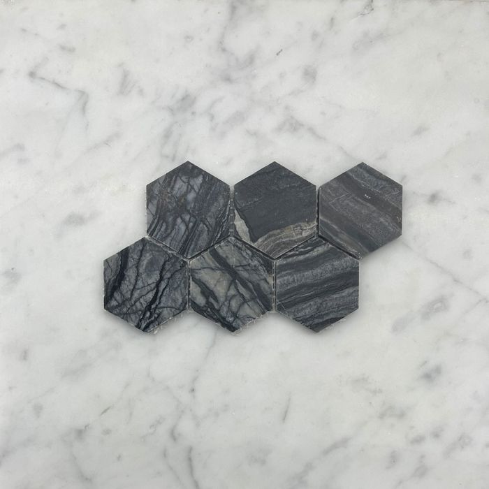(Sample) Silver Wave Black Forest Marble 2 inch Hexagon Mosaic Tile Honed