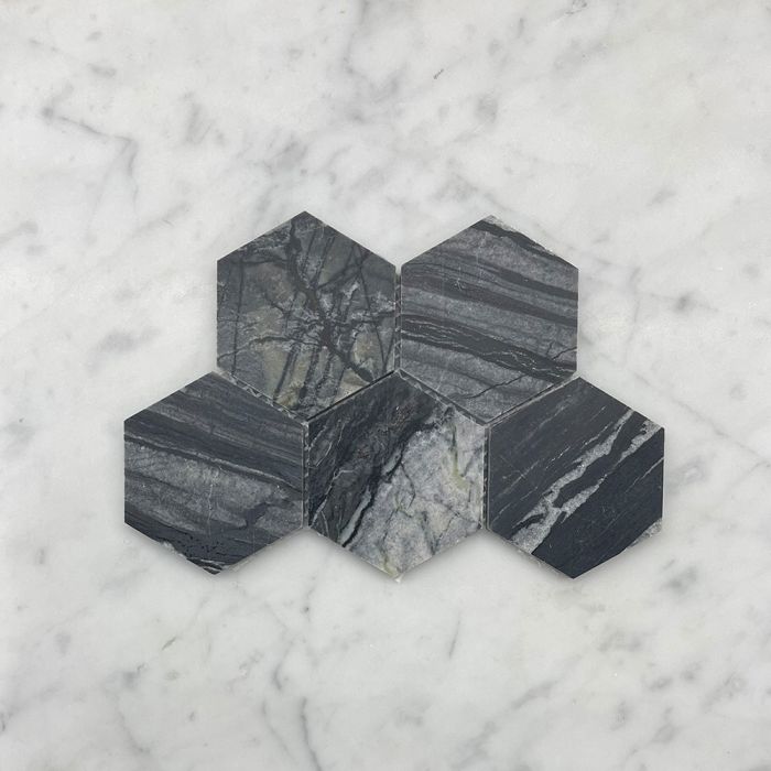 (Sample) Silver Wave Black Forest Marble 3 inch Hexagon Mosaic Tile Honed
