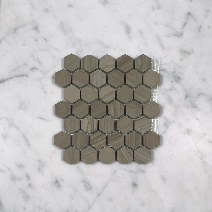 (Sample) Athens Grey Wood Grain Marble 1 inch Hexagon Mosaic Tile Polished