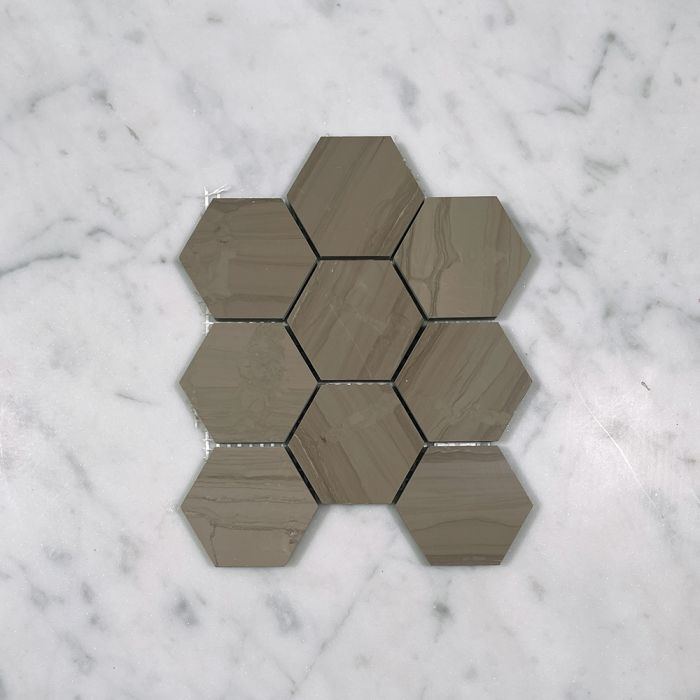 (Sample) Athens Grey Wood Grain Marble 2 inch Hexagon Mosaic Tile Polished