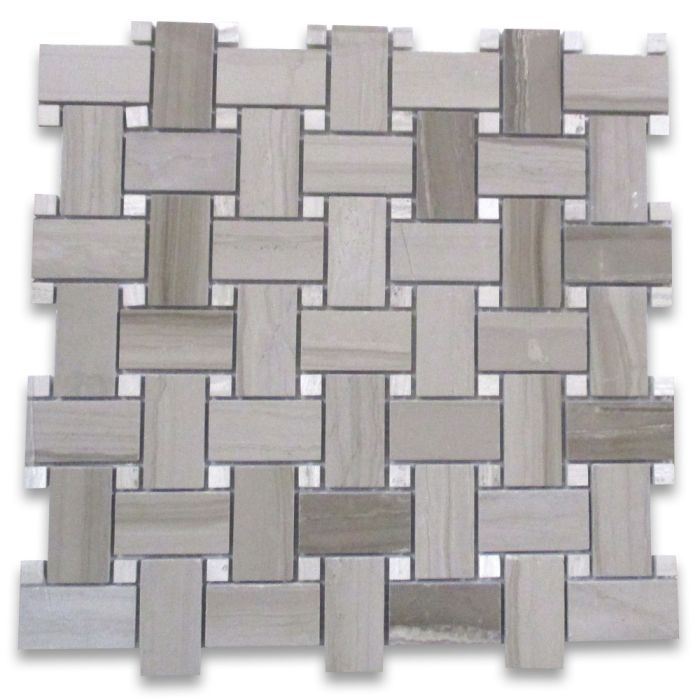 Athens Grey Wood Grain Marble 1x2 Basketweave Mosaic Tile w/ Athens Silver Cream Dots Polished