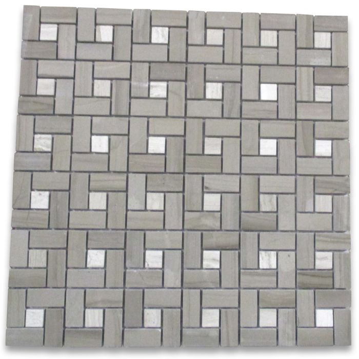 Athens Grey Wood Grain Marble Pinwheel Windmill Spiral Target Mosaic Tile w/ Athens Silver Cream Dots Polished