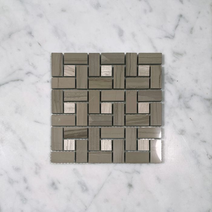 (Sample) Athens Grey Wood Grain Marble Pinwheel Windmill Spiral Target Mosaic Tile w/ Athens Silver Cream Dots Polished