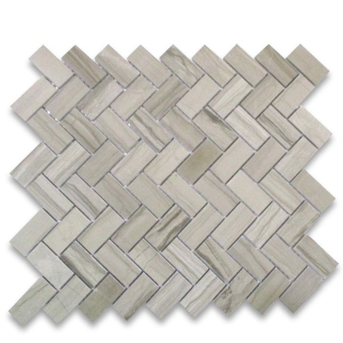 Athens Grey Wood Grain Marble 1x2 Herringbone Mosaic Tile Polished