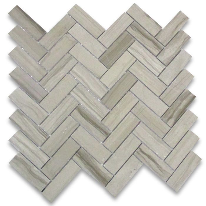 Athens Grey Wood Grain Marble 1x3 Herringbone Mosaic Tile Polished
