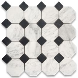 Carrara White Italian Carrera Marble Octagon Mosaic Tile Black Dots 2 inch Polished