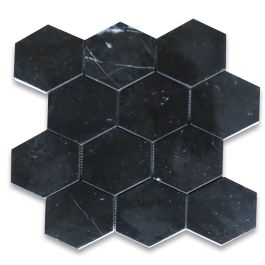 Nero Marquina 4 inch Hexagon Mosaic Tile Polished