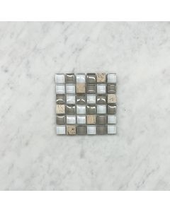 White Gray Glass Mix Beige Travertine 5/8 Square Mosaic Tile 