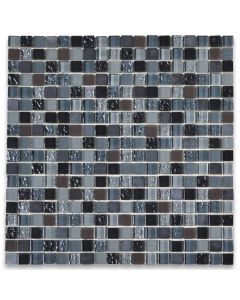 Brown Grey Light Blue Glass Mix Nero Marquina Marble 5/8 Square Mosaic Tile