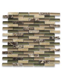 Green Brown Glass Mix Emperador Dark Marble 5/8x2-1/4 Brick Mosaic Tile