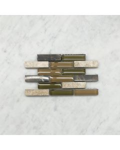 Green Brown Glass Mix Emperador Dark Marble 5/8x2-1/4 Brick Mosaic Tile
