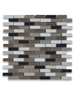 Brown Grey White Glass Mix Stainless Steel and Grey Wood Grain Marble Brick Mosaic Tile