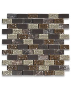 Gray Brown Glass Mix Emperador Dark Marble 1x2 Brick Mosaic Tile