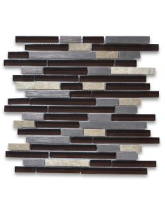 Dark Brown Glass Mix Emperador Light Marble and Silver Stainless Steel Random Brick Mosaic Tile