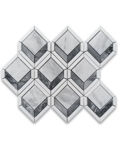 Carrara White Marble 2 inch Illusion 3D Square Geometry Mosaic Tile w/ Bardiglio Gray Thassos White Honed