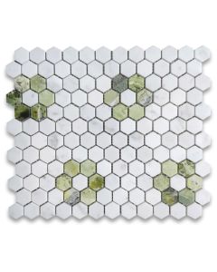 Carrara White Marble 1 inch Hexagon Rosette Mosaic Tile w/ Green Jade Honed