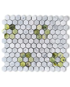 Carrara White Marble 1 inch Hexagon Rosette Mosaic Tile w/ Green Jade Polished