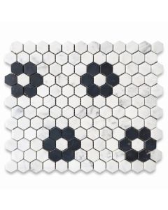 Carrara White 1" Hexagon w/ Black Marble Rosette Pattern Mosaic Tile Honed