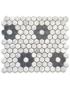 Carrara White Marble 1 inch Hexagon Rosette Mosaic Tile w/ Nero Marquina Black Tumbled