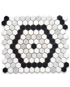Carrara White Marble 1 inch Hexagon Riverside Drive Mosaic Tile w/ Thassos White Nero Marquina Black Polished