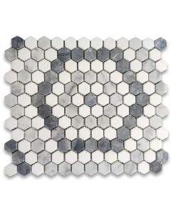 Carrara White Marble 1 inch Hexagon Riverside Drive Mosaic Tile w/ Thassos White Bardiglio Gray Honed