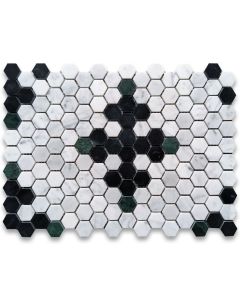 Carrara White Marble 1 inch Hexagon Starlight Mosaic Tile w/ Nero Marquina Black Indian Green Polished